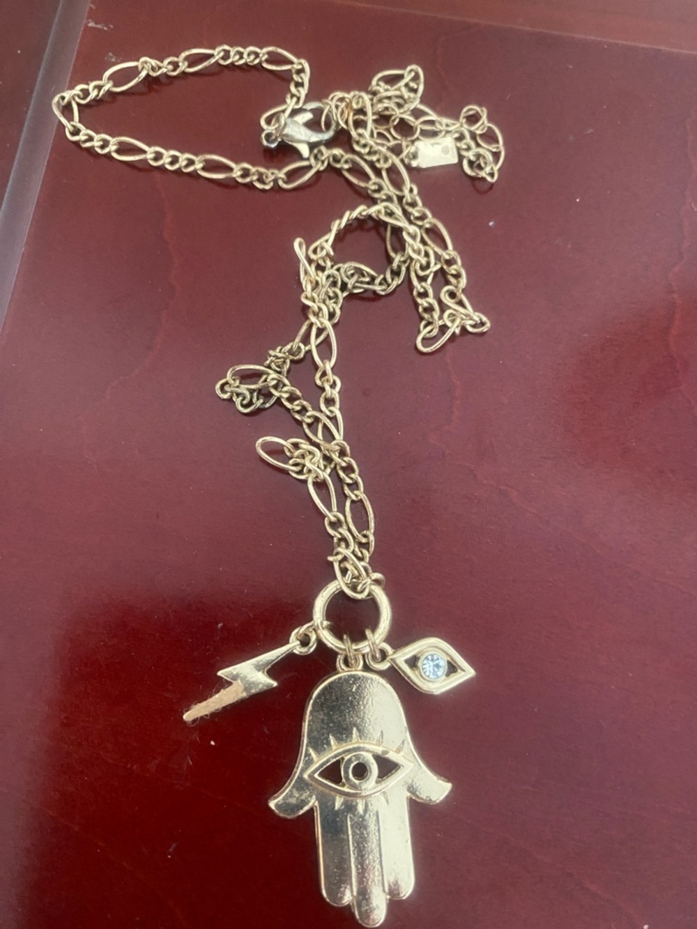 Gold Hamsa Hand Charm Necklace with Evil Eye and Lightning Accent